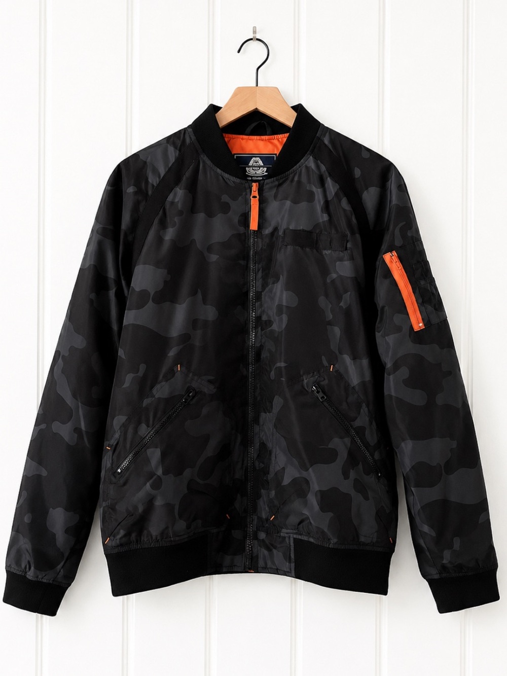 American Rag Cie Black Camo MA-1 Bomber Flight Jacket Orange Lined M
